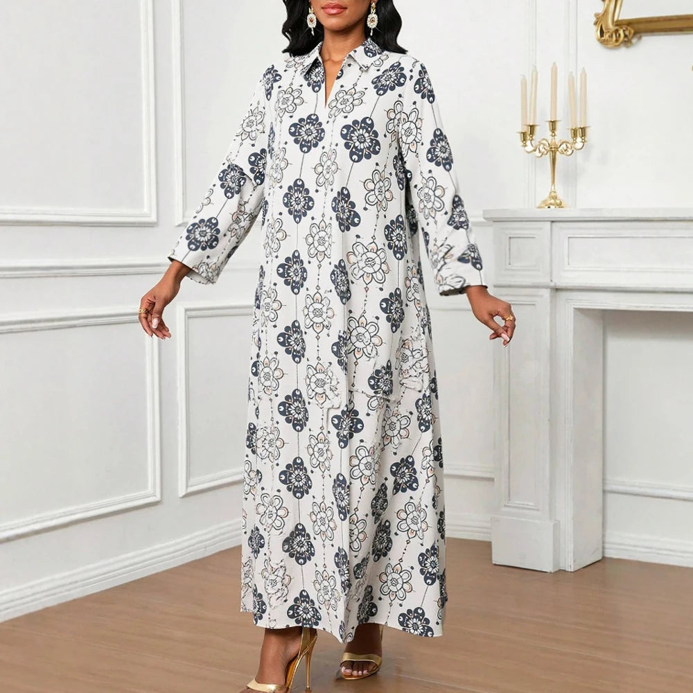 Rafiah Women's Summer Long Dress 2025 Arabian Dress Elegant V-Neck Long Sleeve A-Line Maxi Full Print Casual Dress