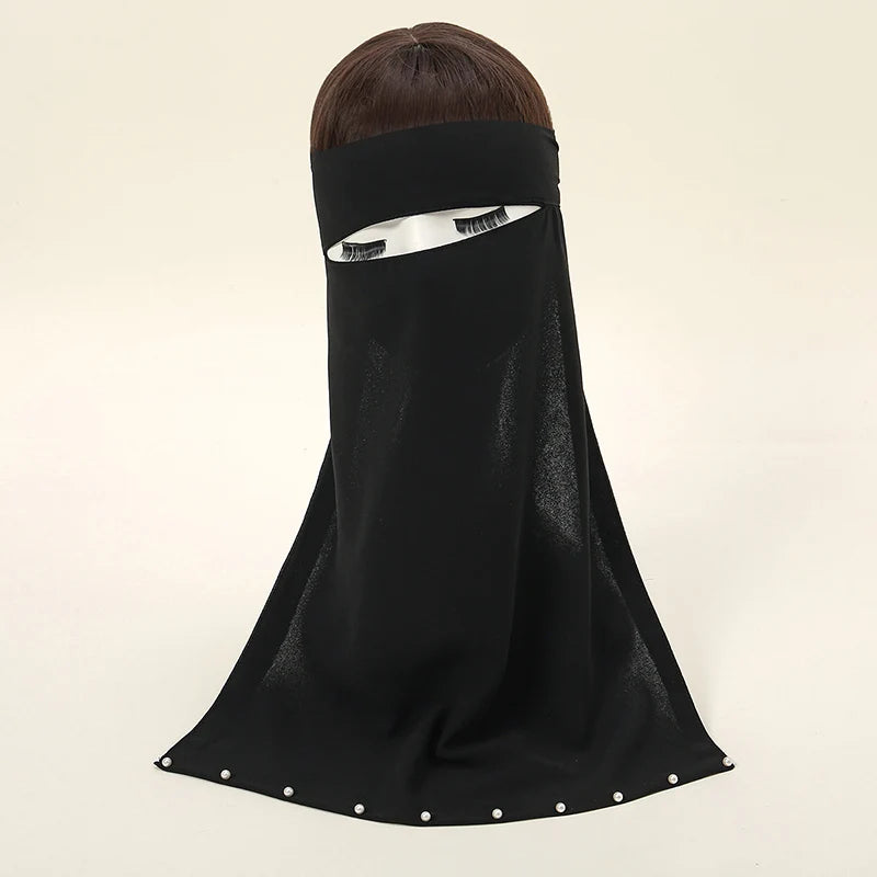Black Chiffon Scarf Tie Back Niqab New Pearl Face Cover Muslim Prayer Khimar Niqab Face Cover for Women Solid Color Shawls