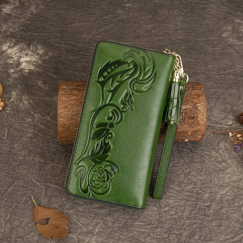 MOTAORA Vintage Women's Leather Wallet 3D Embossed Floral Clutch Bag Genuine Cow Leather Coin Purse Ladies Small Wallet 2025 NEW