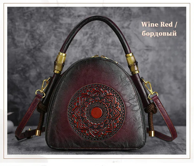 MOTAORA Bamboo Top Handle Embossed Leather Shoulder Bag, Vintage Bohemian Crossbody Purse for Women Handmade Large Capacity Tote