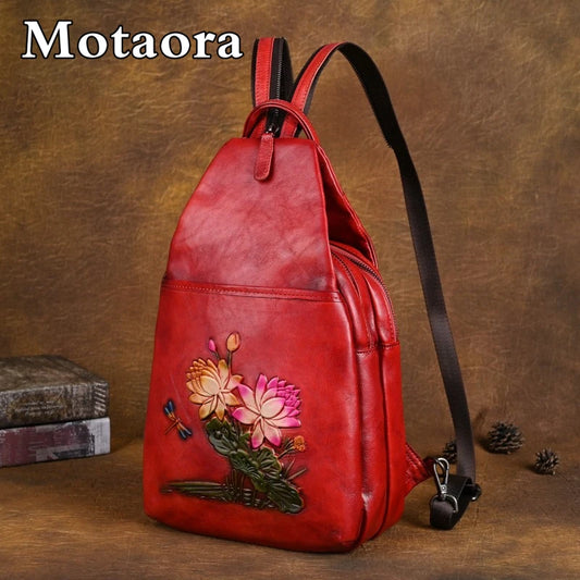 MOTAORA Genuine Leather Backpack Women Retro Embossed Cowhide Shoulder Bag Travel Backpack Casual Work & Luxury Purse