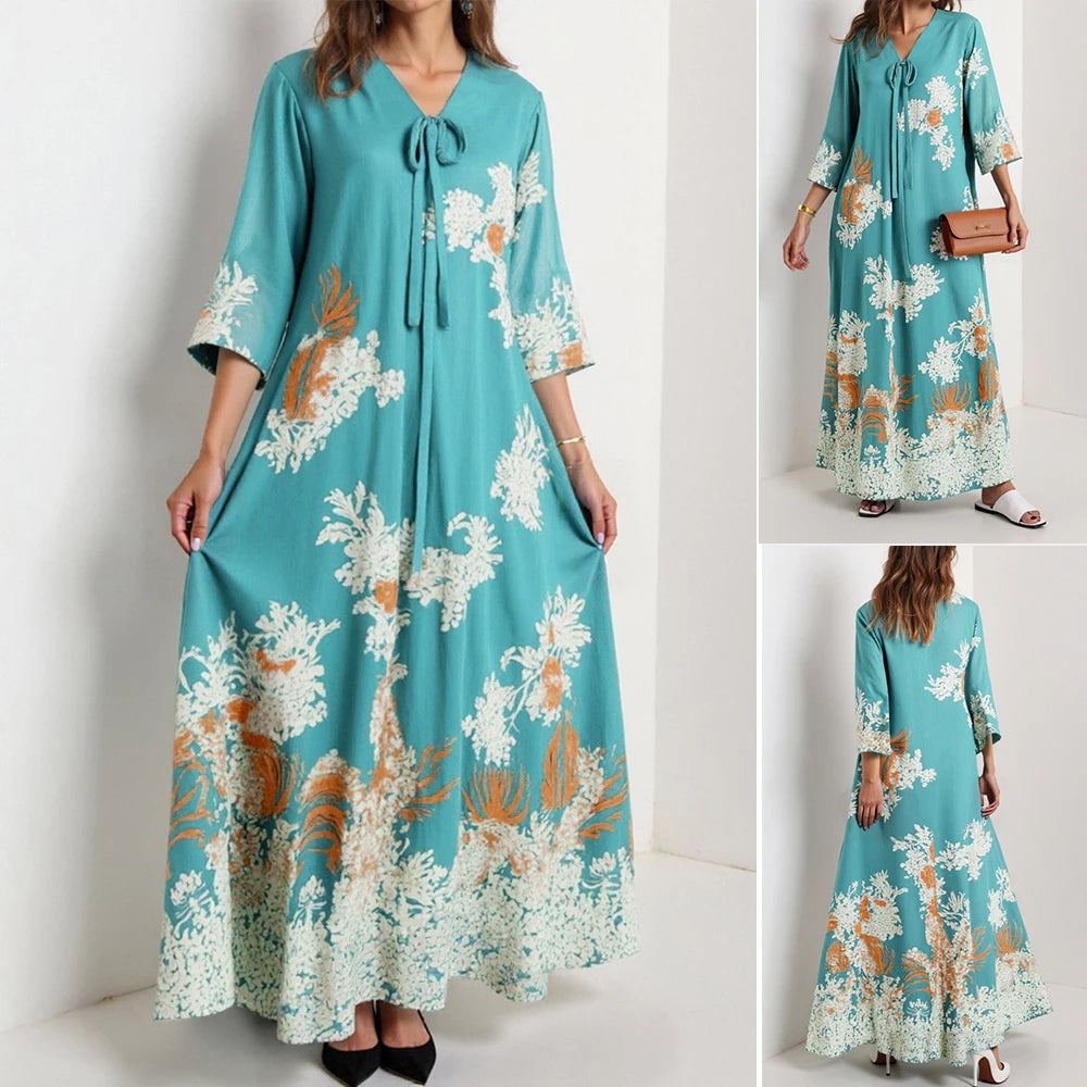 Rafiah Women's Dresses Summer Elegant 2025 Floral Opulent Long Sleeve V-Neck A-Line Midi Vacation Long Dresses