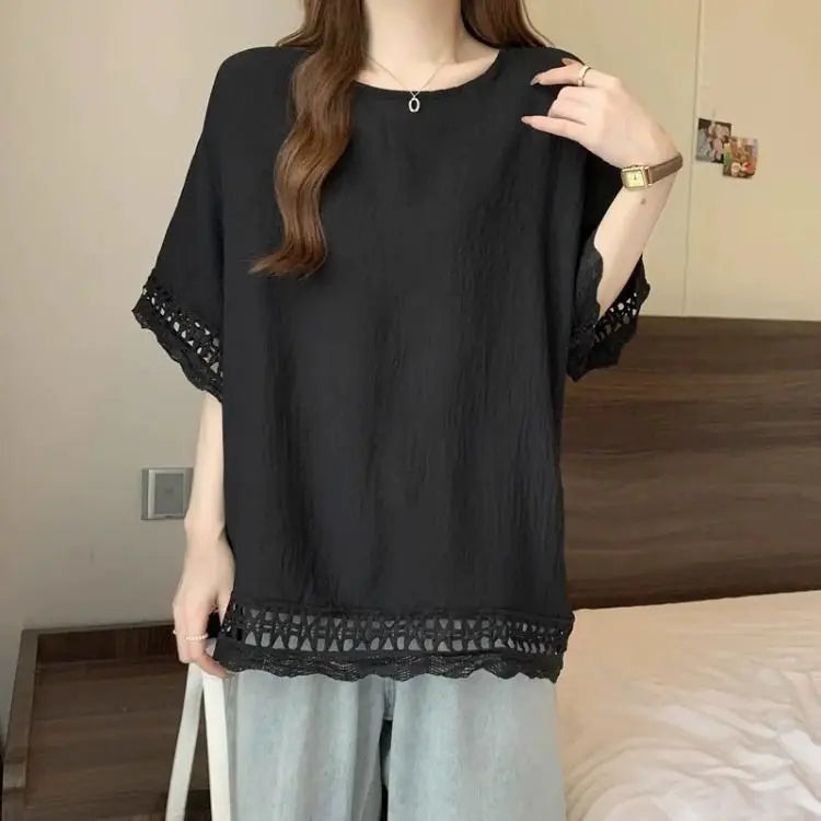Lace Hollow out Texture ort Sve Women's T-irt Summer plus Size Conceals Belly Slimming Faionable Top Korean Sle