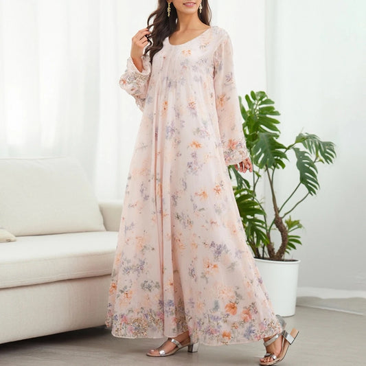Rafiah Summer Women's Arabian Dress 2025 Elegant Chic Floral Full Print Long Sleeve Round-Neck Ruffle Hem Long Dress