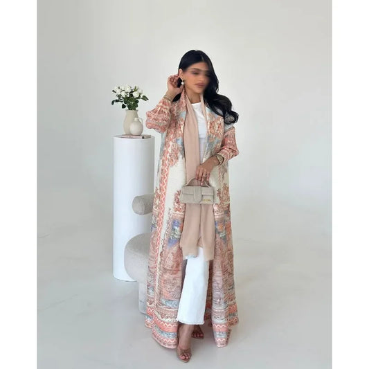 KAF Pleated Women Abaya 2025 Spring Fall New Fashion Retro Printed Cardigan Design Loose Large Size Arab Luxury Robe Female