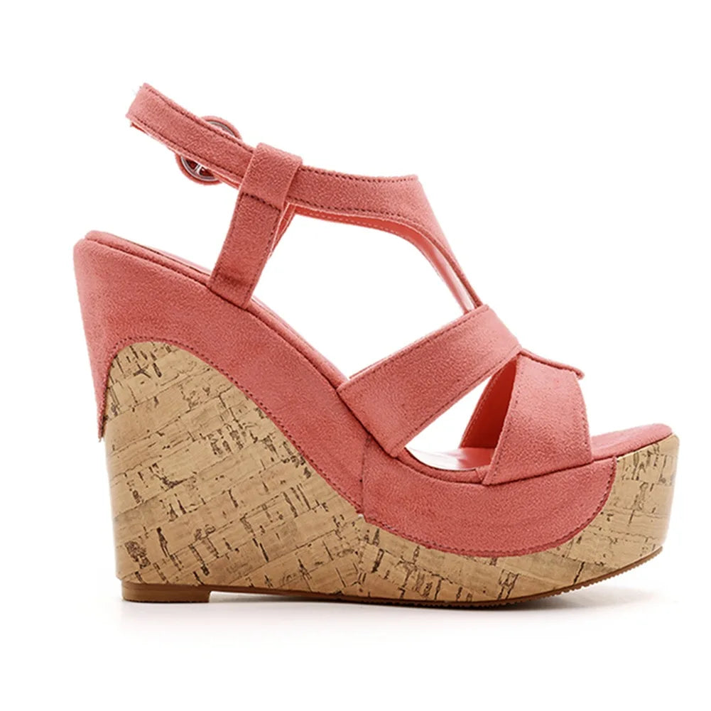 Women’s Summer Flock Sandals – 12CM Wedge Heels with Buckle Strap, White