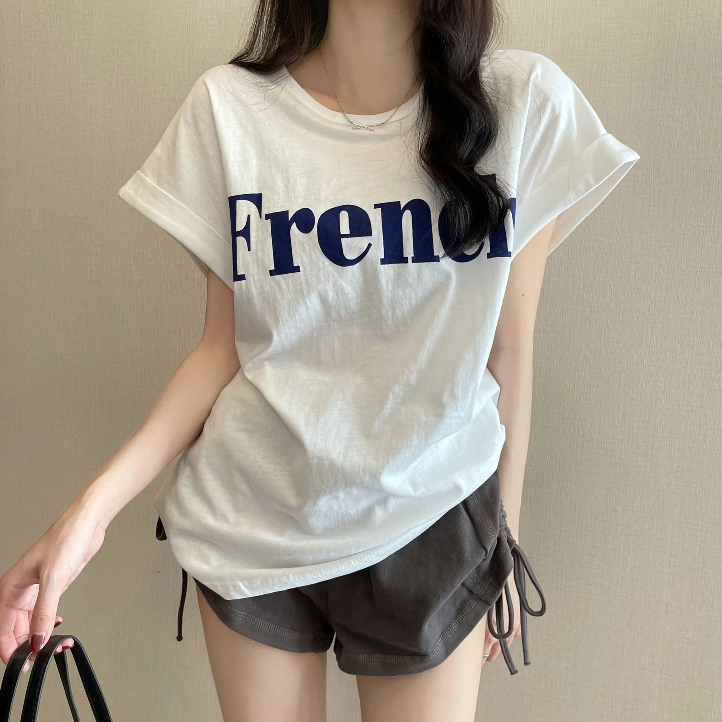 Loose ort Sve T-irt Women's Summer Thin Design Sense  Hong Kong Sle Chic Retro Top Trendy round Ne Polyester ...