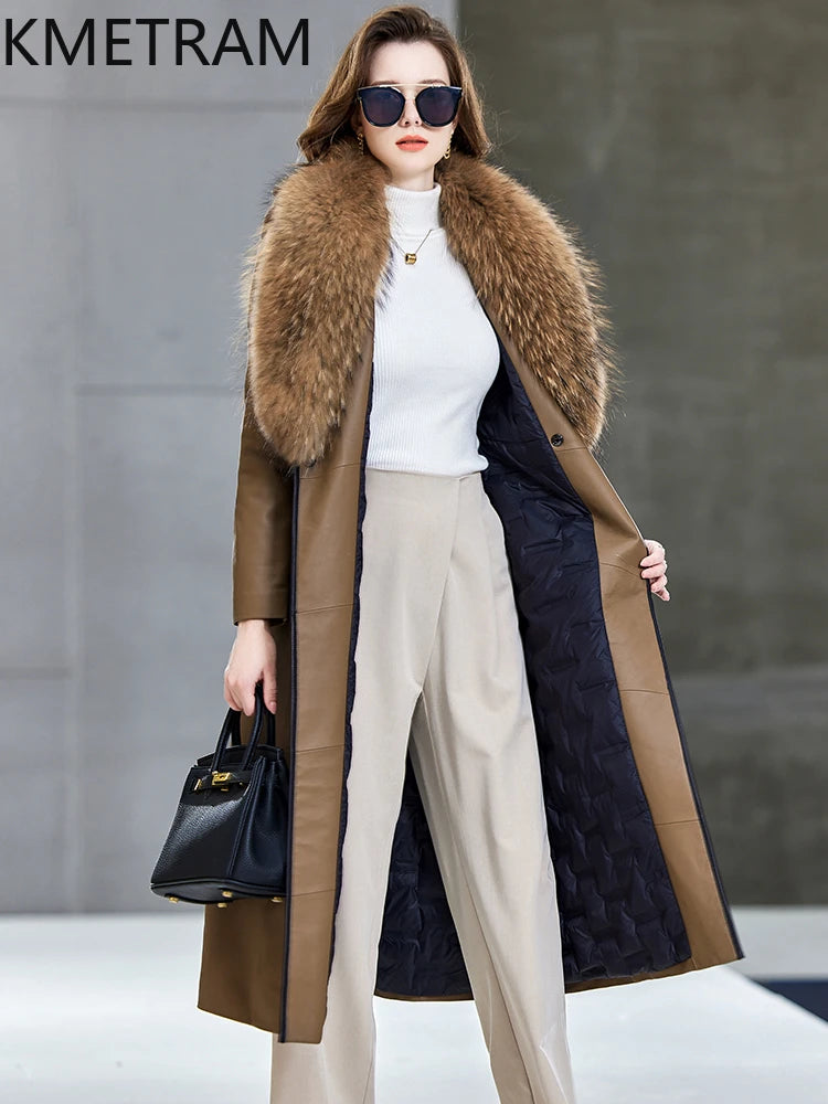 100% Sheepskin Puffer Jacket Women High Quality Long Down Coats Winter Raccoon Fur Collar Coat Womans Clothing Leren Donsjas