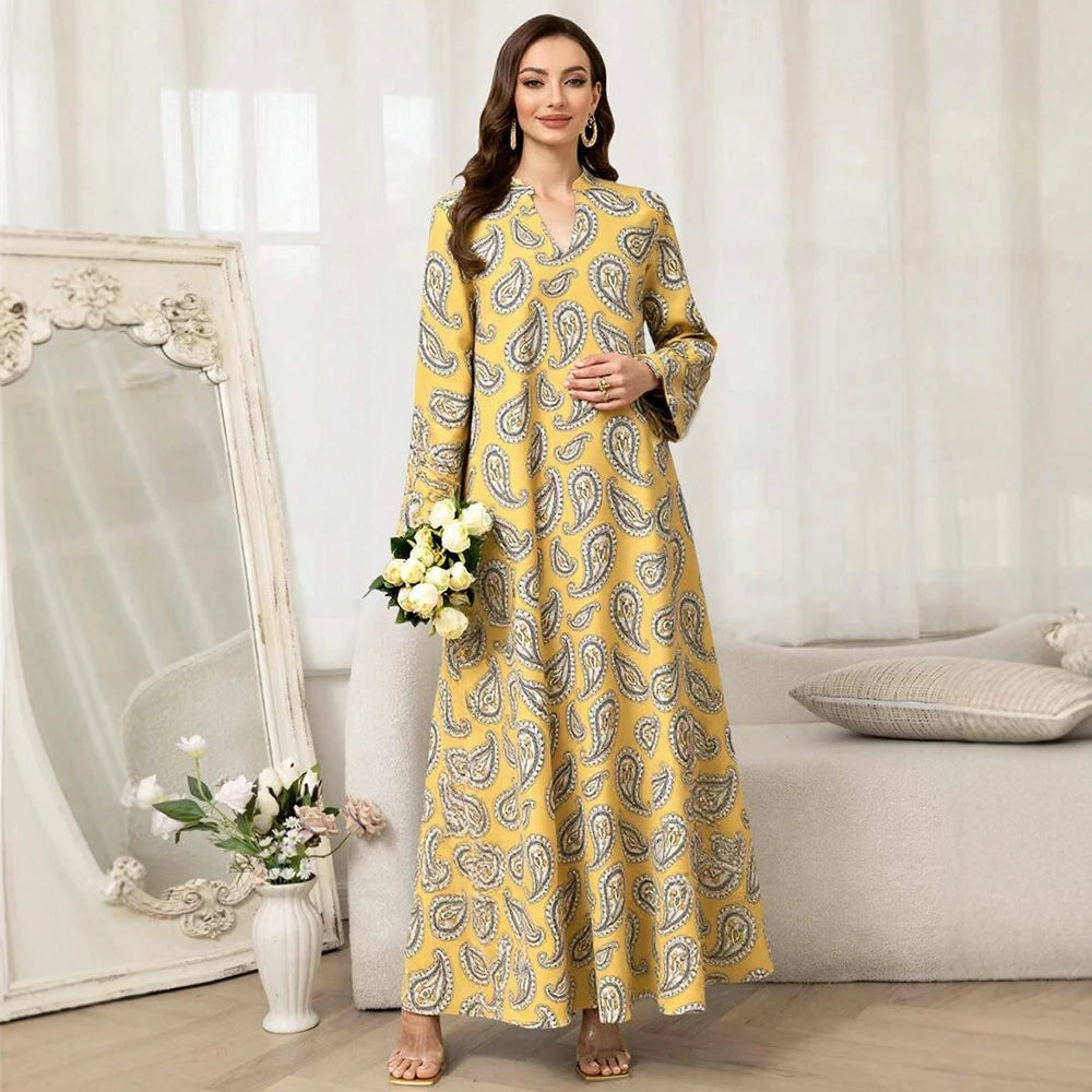 Rafiah Women's Arabian Dress Even Dress 2025 Summer Fashion Traditional Full Print Long Sleeve V-Neck Loose Fit Long Dress