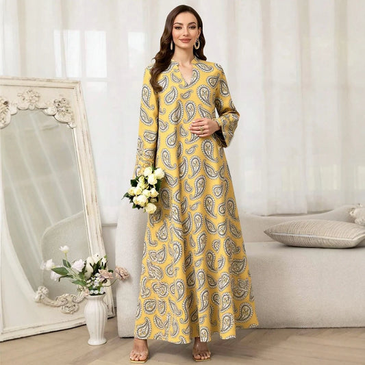 Rafiah Women's Arabian Dress Even Dress 2025 Summer Fashion Traditional Full Print Long Sleeve V-Neck Loose Fit Long Dress