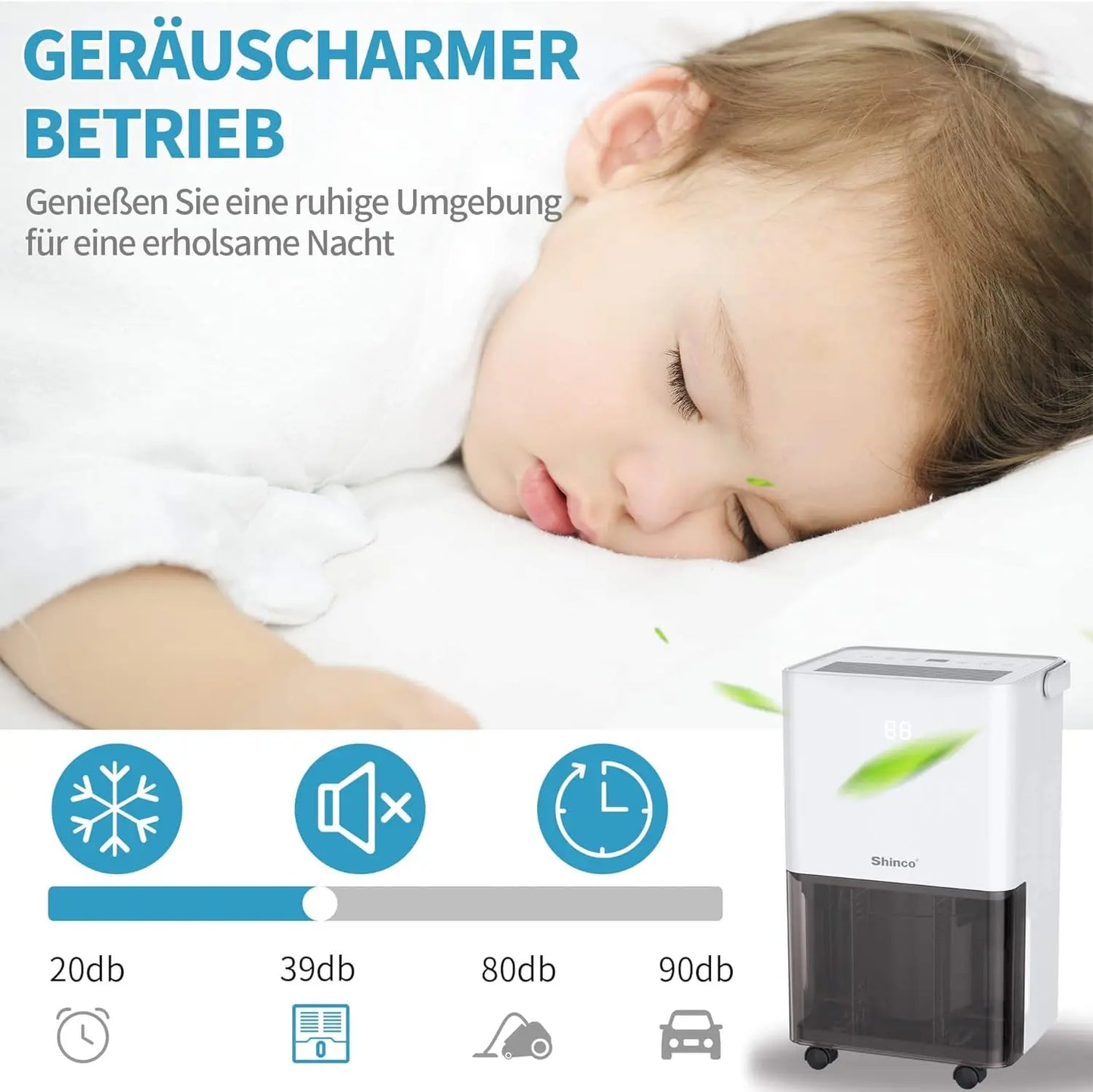 SHINCO Electric Dehumidifier, 10 L, Room Dehumidifier with Moisture Sensor, for 45 m³ (15 m²), Energy Saving, Drain Hose