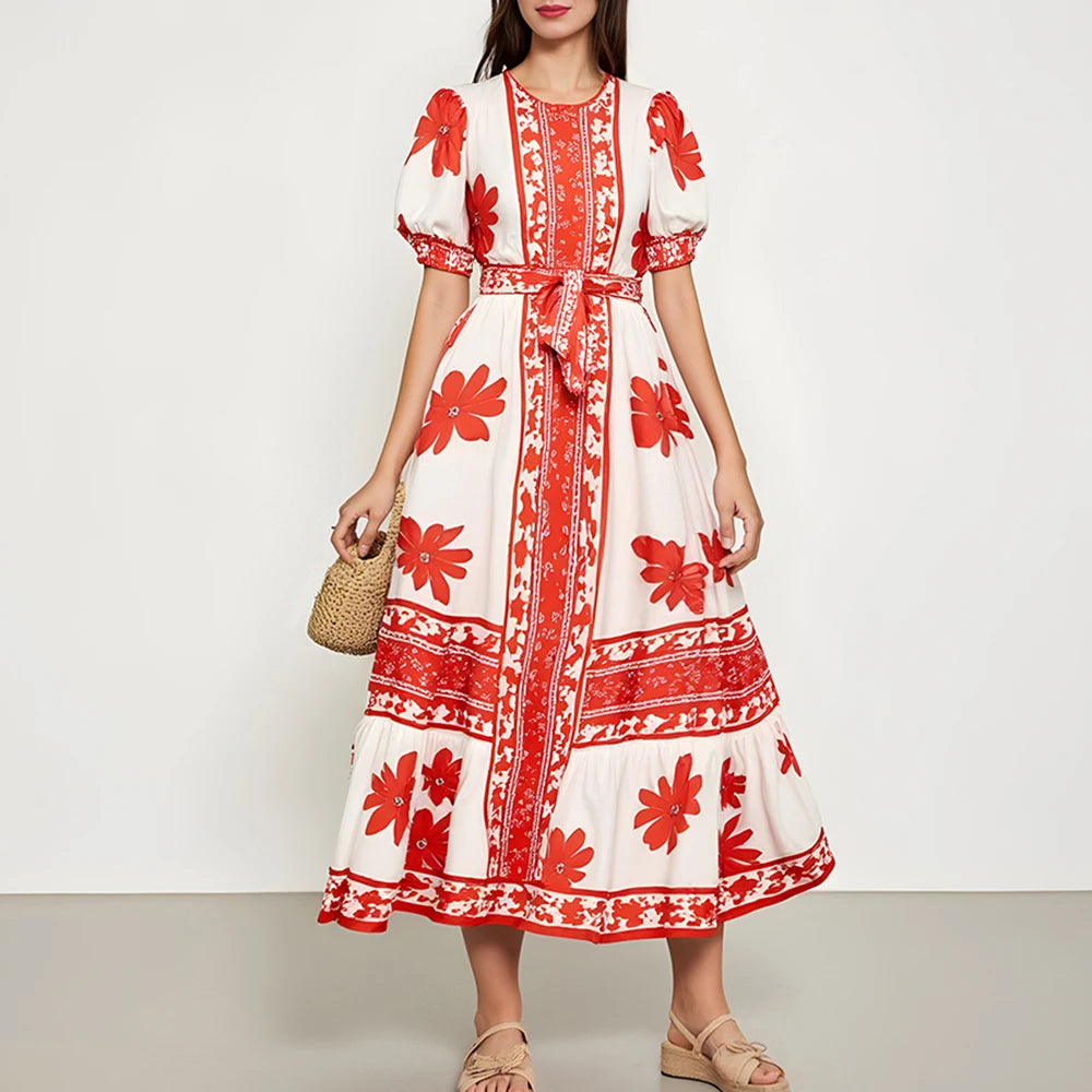 Rafiah Women's Dresses Summer Comfortable Elegant 2025 Floral Classic Short Sleeve Round Neck A-Line Midi Vacation Long Dress