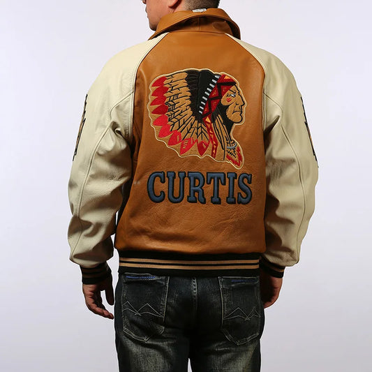 Men large size leather jacket flight suit jacket printed big chief embroidery casual sports yellow cowhide leather jackets tops