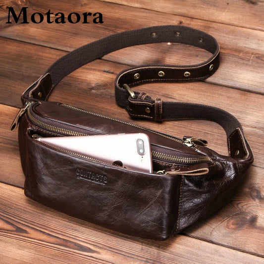 MOTAORA Men's Genuine Leather Waist Bag Multifunctional Chest Pack for Travel & Sports Anti-Theft Phone Pouch Gym Crossbody Bag