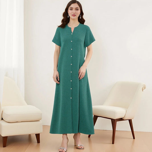 Rafiah Women's Summer 2025 Dress Solid Color V-Neck Button-Front Short Sleeves Minimalist Detailing Long Dress