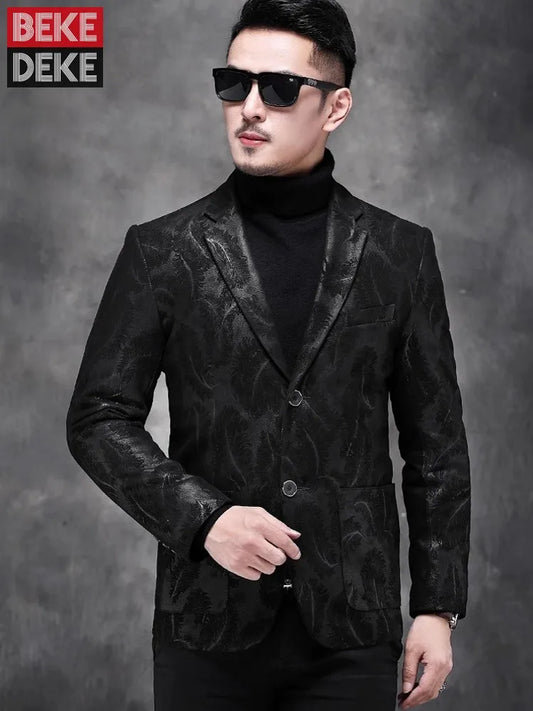 Business Men Work Slim Fit Real Sheepskin Genuine Leather Jacket Spring Autumn Floral Printed Single Breasted Blazer Suit Coat
