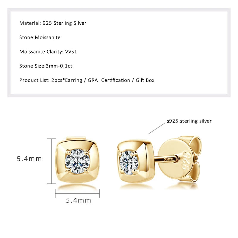 Lnngy 925 Sterling Silver Square Shape Stud Earrings Certified GRA 3mm Moissanite Earring for Women Korean INS Mini Jewelry Gift