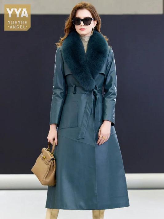 Real Fox Fur Collar Elegant Women Long Trench Coat Belted Slim Fit Winter Warm Sheepskin Down Coat Ladies Genuine Leather Jacket
