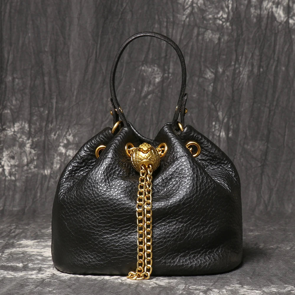 LUOKIR New Metal Drawstring Versatile Women's Handbag Genuine Leather Chain Crossbody Bag Vintage Bucket Bag Mobile Phone Bag