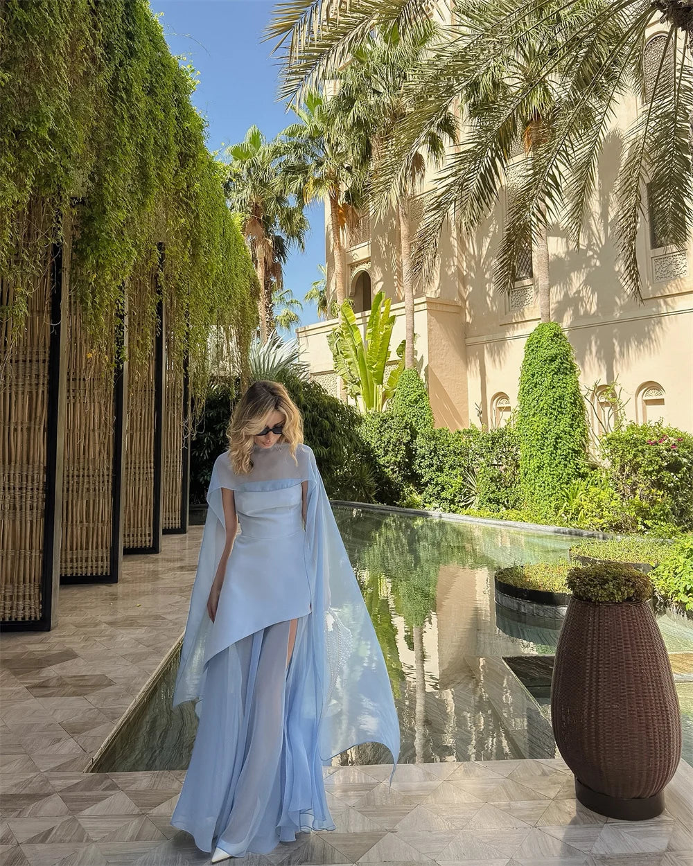 Mila Blue Strapless Customized Party Dresses A-Line Mini Sleeveless Prom Dresses Elegant Zip Detachable Shawl Evening Dresses