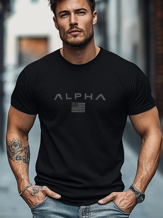 Men's summer 100 cotton ALPHA printed loose solid color multi-color optional sports round neck short sleeved T-shirt top
