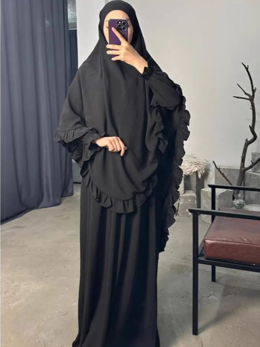 Ramadan Long Khimar with Dress Hijab Eid Muslim Headcarf Women Jilbab 2 Piece Set Jubha Islamic Hijabs Musulman Prayer Garment