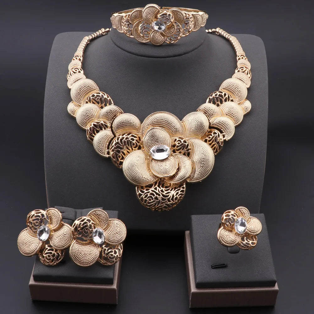 Fashion African Jewellery Set Dubai Gold Color Jewelry Sets Women Customer Nigerian Wedding Flower Design Gift