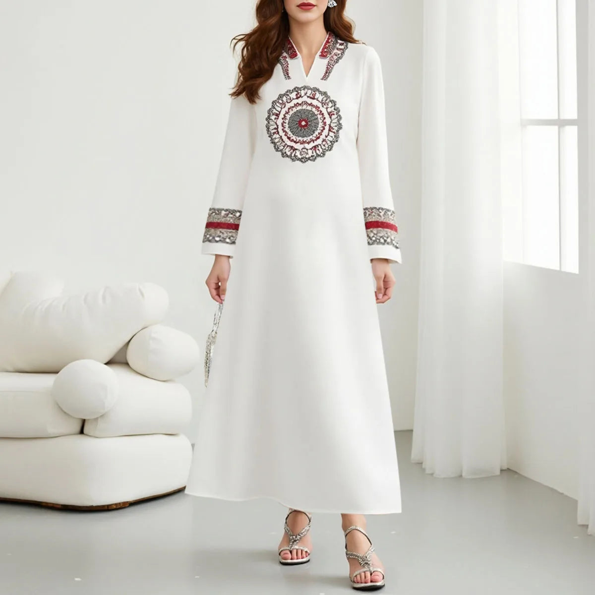 Rafiah Autumn Dresses 2025 Women's Elegant Print Long Sleeve V-Neck A-Line Dating Long Arabian Dresses