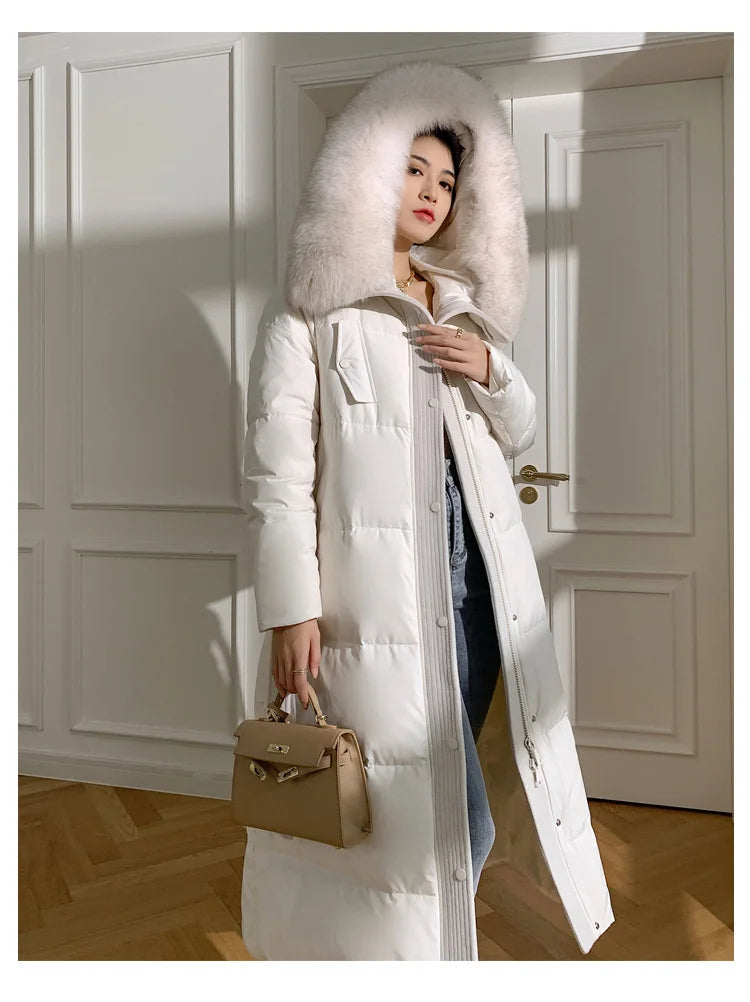Women’s Luxury White Goose Down Coat – Hooded Long Jacket with Fox Fur Collar & Belt