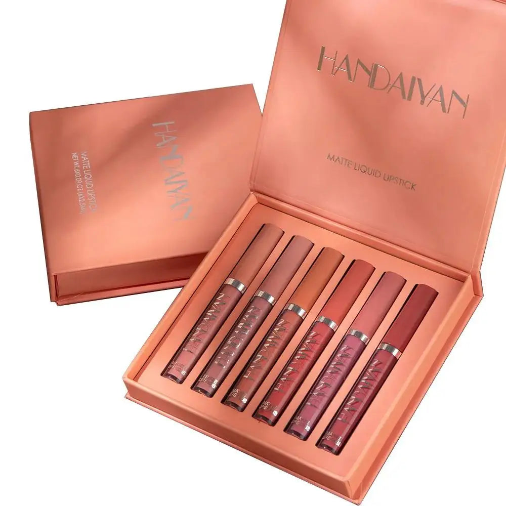 HANDAIYAN 6 Shade Lipstick Set Matte Finish Liquid Lip Gloss Waterproof Long Lasting No Smudge Vegan Beauty
