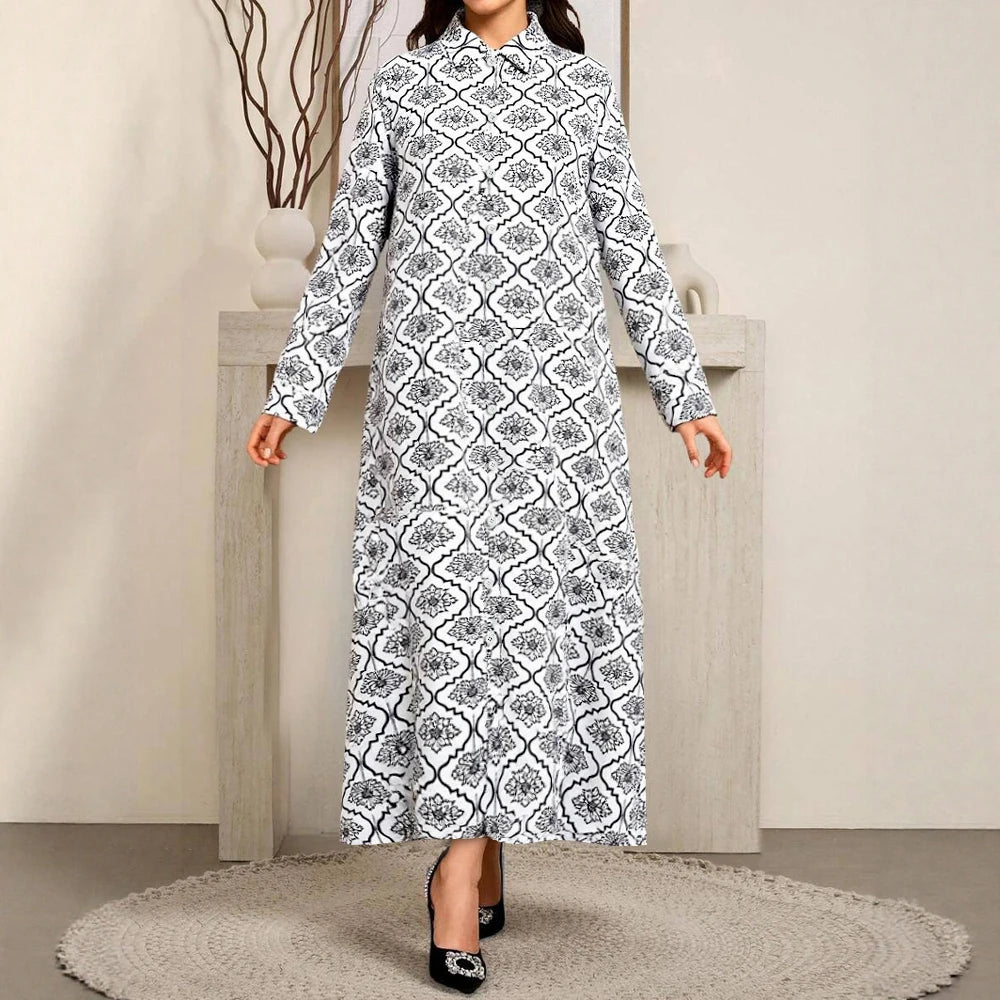 Rafiah Women's Arabian Dress Summer Classic Traditional Full Print Long Sleeve Shirt Collar Midi A-Line Long Casual Dress