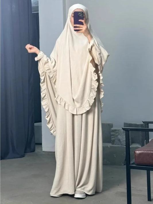 Ramadan Long Khimar with Dress Hijab Eid Muslim Headcarf Women Jilbab 2 Piece Set Jubha Islamic Hijabs Musulman Prayer Garment