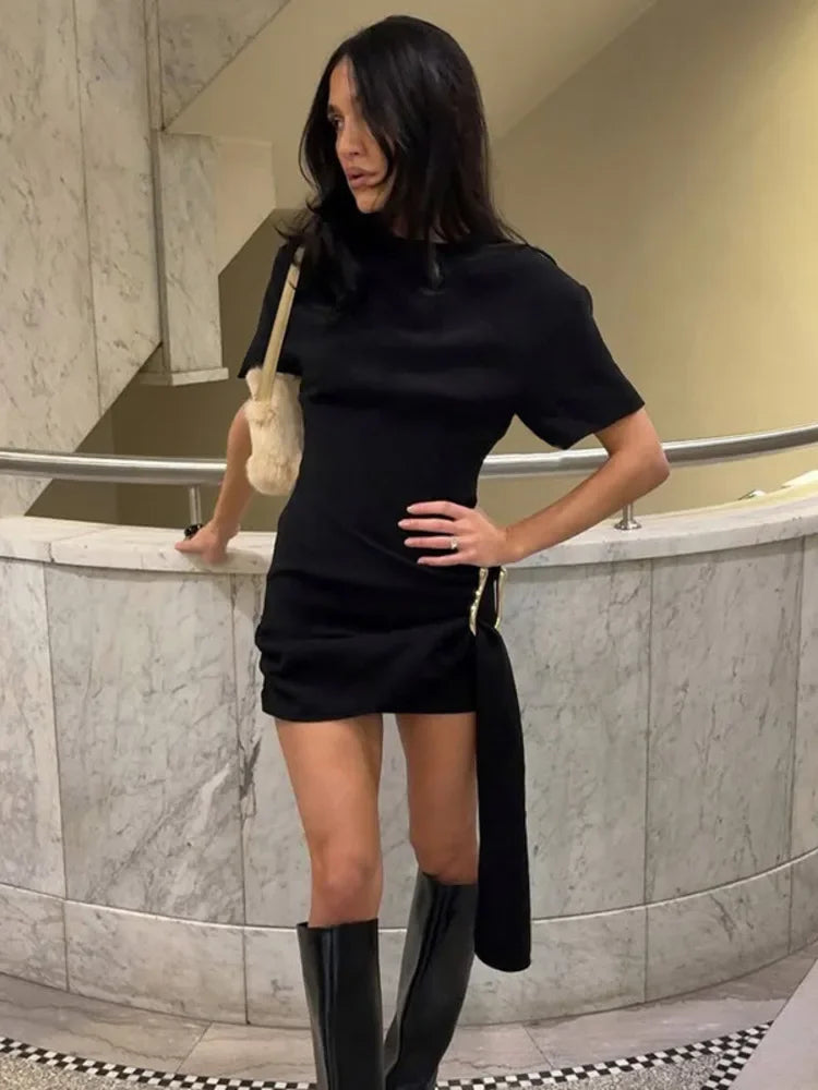 Women's Luxury Black Draped Mini Dress – Metal Buckle, O-Neck, Bodycon Fit