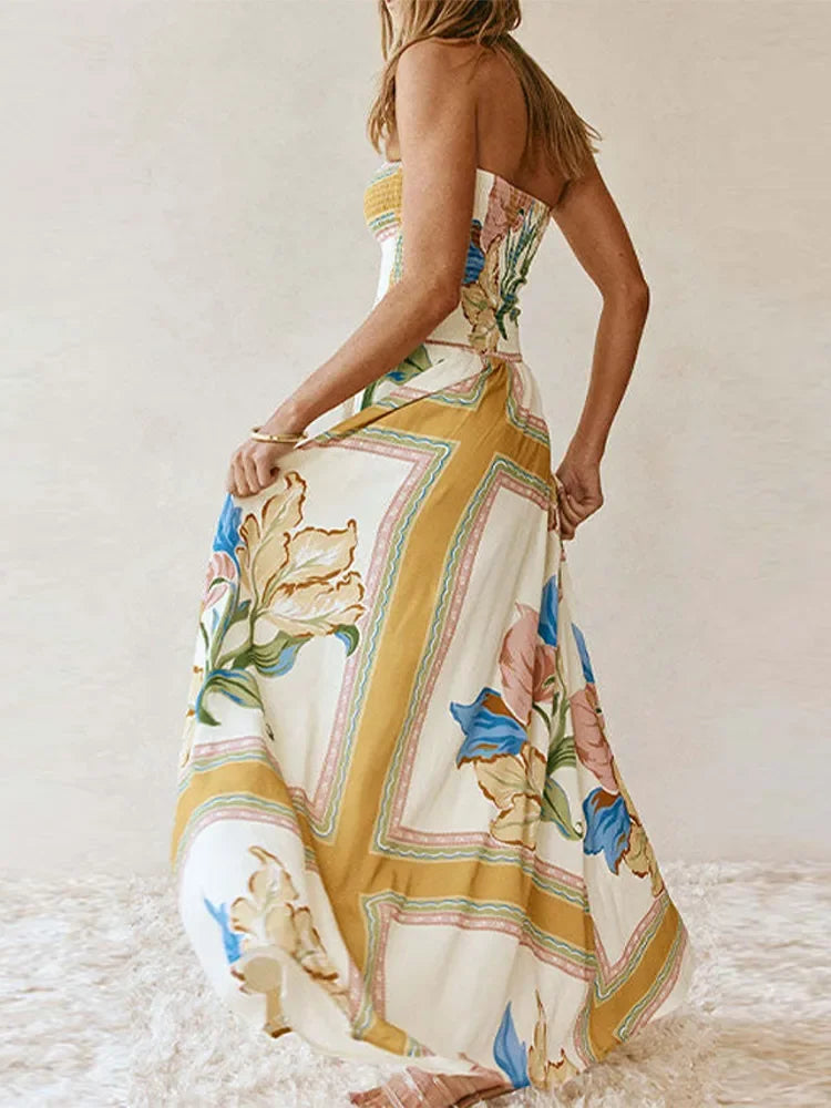 Strapless Floor Dress – Elastic High Waist Pleated -Summer  Edition