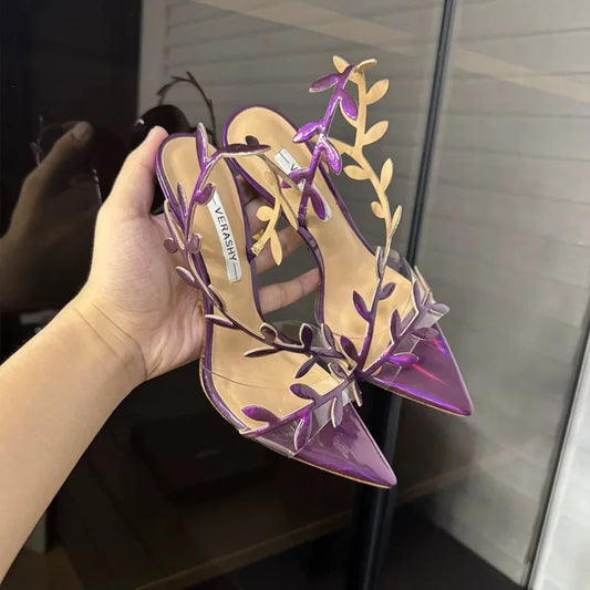 Gold High Heels Women 2025 Summer New Metal Patent Leather Leaf Thin Heel Pointed Open Toe Purple Sandals