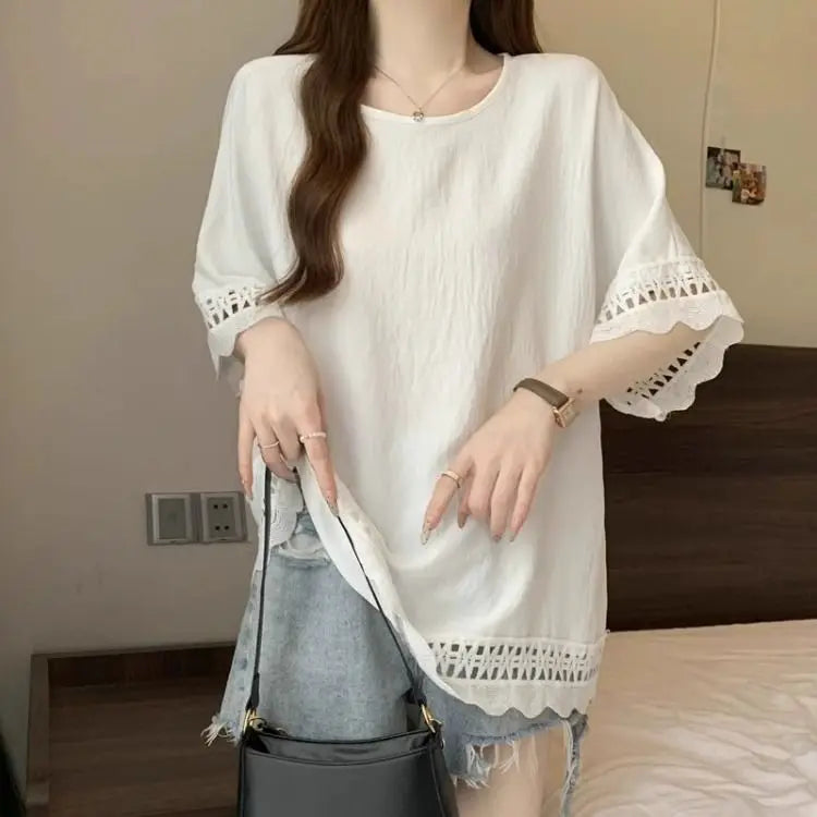 Lace Hollow out Texture ort Sve Women's T-irt Summer plus Size Conceals Belly Slimming Faionable Top Korean Sle