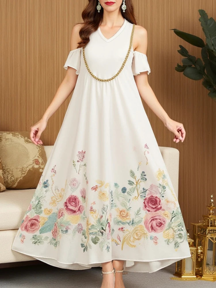 Rafiah Women's Dresses Summer Classic Decent Floral Short Sleeve V-Neck Midi Long Dress A-Line Casual Shift Dresses