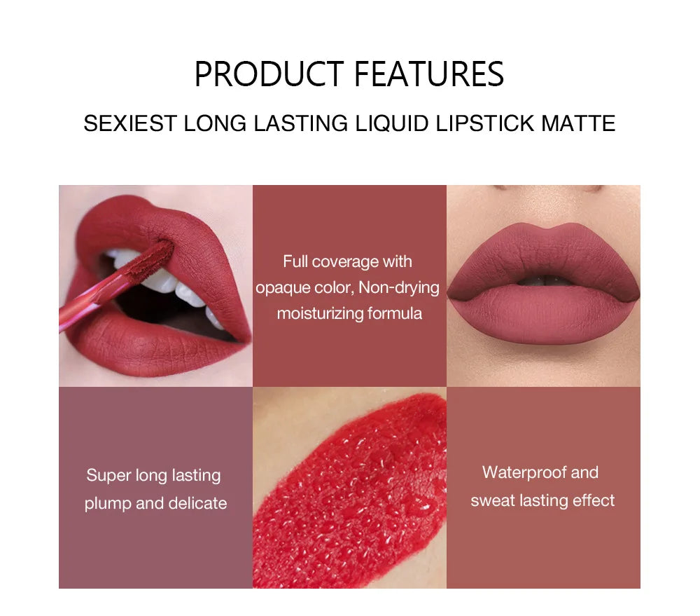 HANDAIYAN 6 Shade Lipstick Set Matte Finish Liquid Lip Gloss Waterproof Long Lasting No Smudge Vegan Beauty