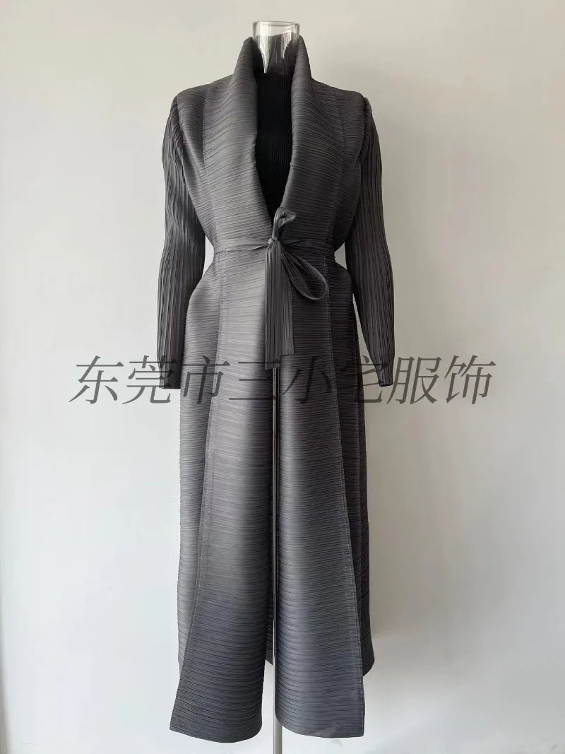 KAF Pleated Women Large Size Trench Coat 2024 Spring and Autumn New Vintage Printed Design Female Robe Arab Luxury Abaya