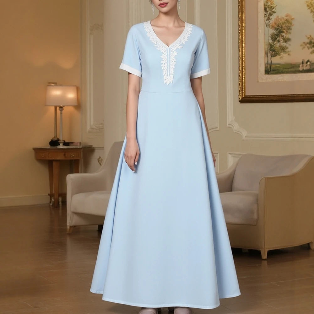 Rafiah Women's Dresses Summer Elegant Fashion 2025 Plain Embroidery Short Sleeve V-Neck A Line Midi Vacation Long Dress
