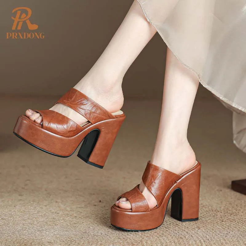 Women's Genuine Leather Chunky High Heels Open Toe Sandals Black Brown Size 39
