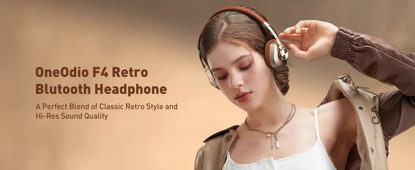 Oneodio F4 Retro Wireless Bluetooth Headphones Hi-Res Audio On Ear Bluetooth 5.4 Headset With Microphone Metal HiFi Headphones