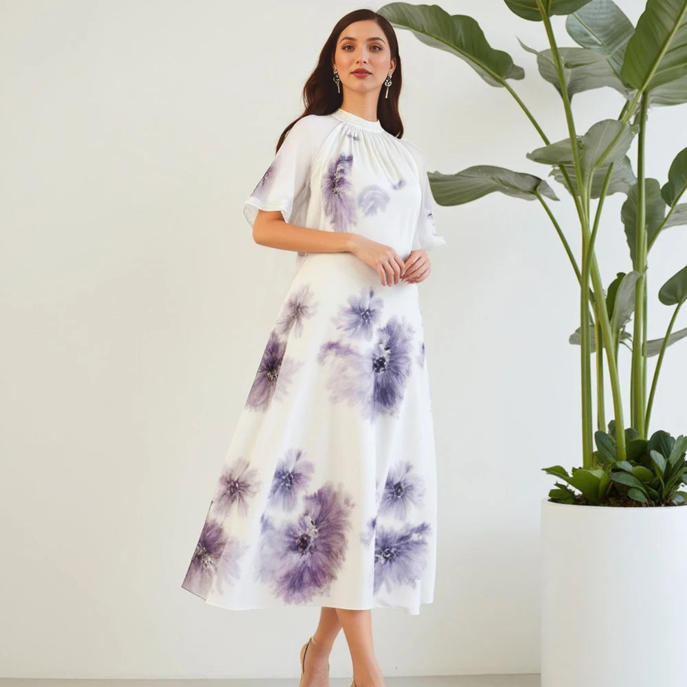 Rafiah Women's Summer Long Dress Arabian 2025 Casual Flower Print Sheer Draped Short Sleeve Halter Neck Vacation Dress