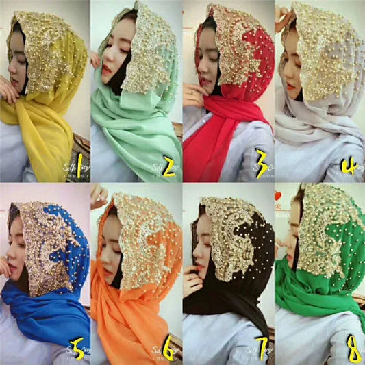 Dubai Women Bling Beaded Headscarf Long Scarf Cap Lace Scarves Muslim Wedding Wrap Shawls Hijab Islamic Turban