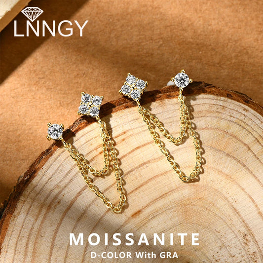 Lnngy 925 Sterling Silver Double Studs Chain Tassel Earrings GRA Certified 3mm&2mm Flower Moissanite Drop Earring For Women Gift