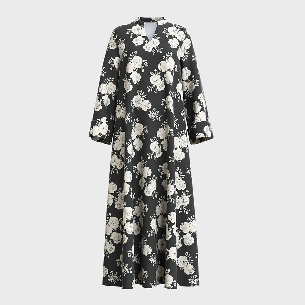 Rafiah Women's Long Dresses Summer Elegant 2025 Full Print Floral Long Sleeve Shirt Collar A-Line Midi Vacation Dresses