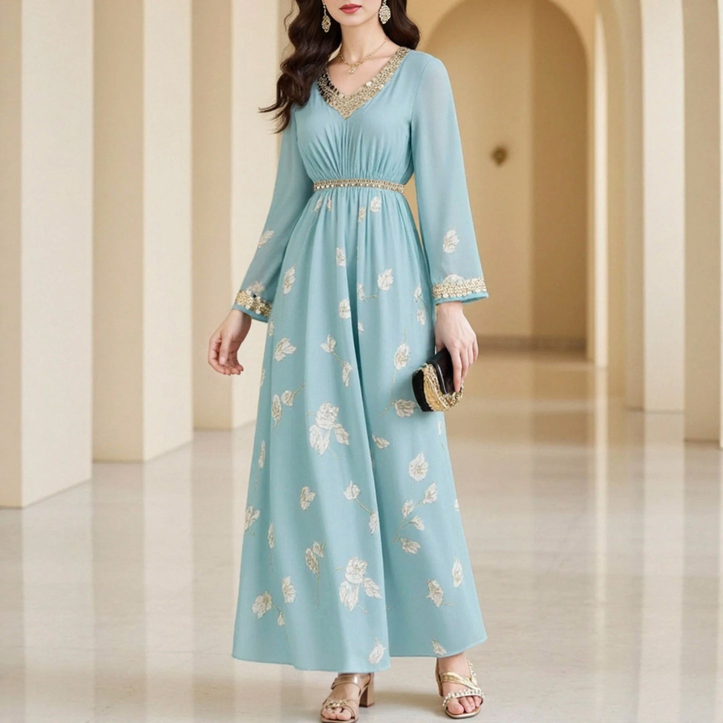 Rafiah Autumn Arabian Dress 2025 Women's Decent Sequins Nipped Waists Long Sleeve V-Neck A-Line Daily Basic Midi Dress