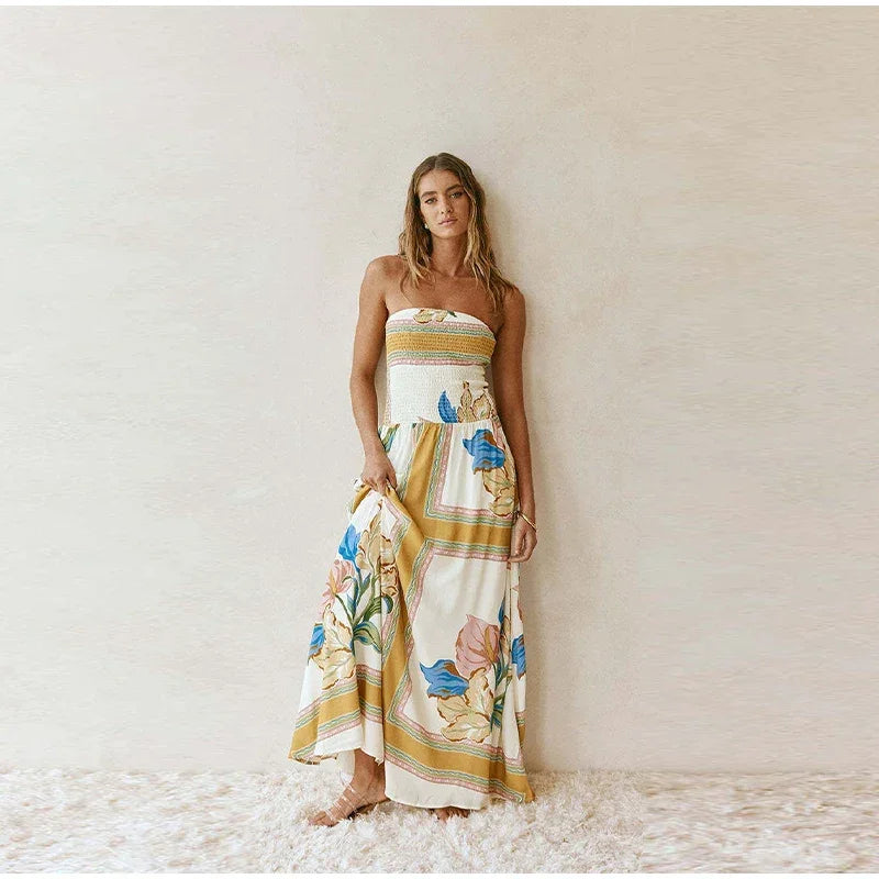 Strapless Floor Dress – Elastic High Waist Pleated -Summer  Edition