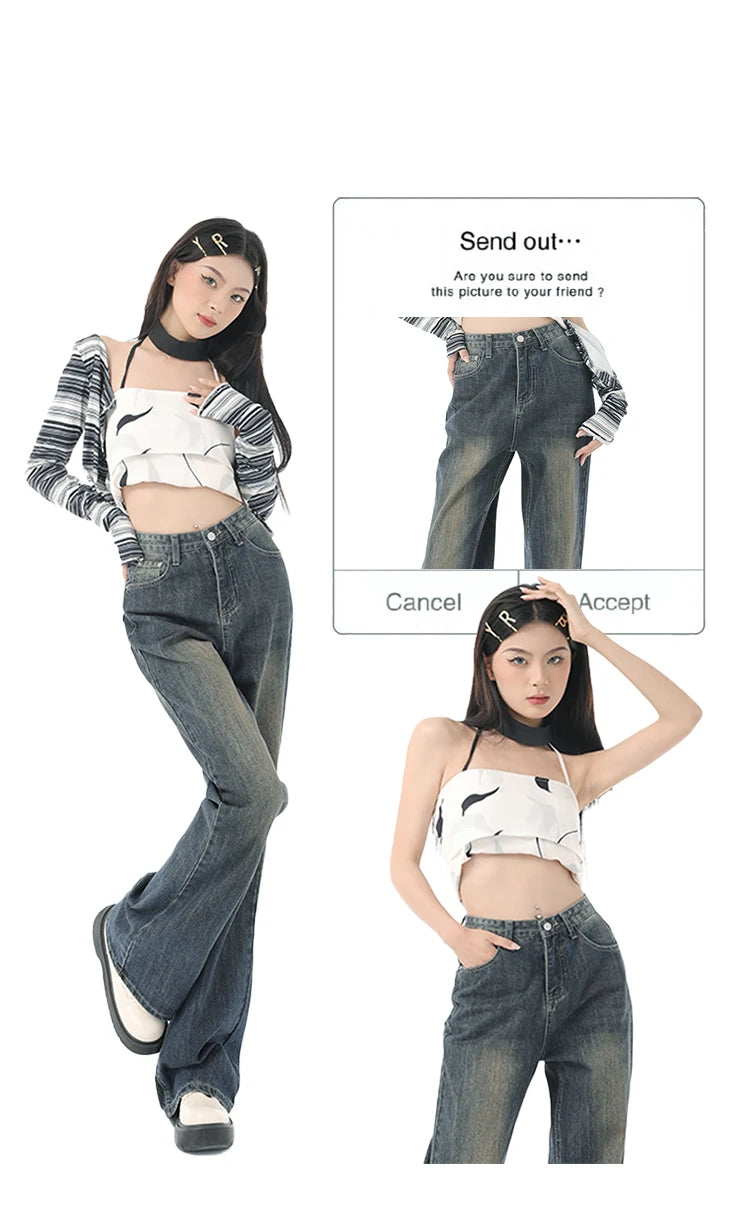 Flare Jeans Pants Women Vintage Denim Ladies Jeans High Waist Fashion Pocket Trousers Wide Leg Jeans