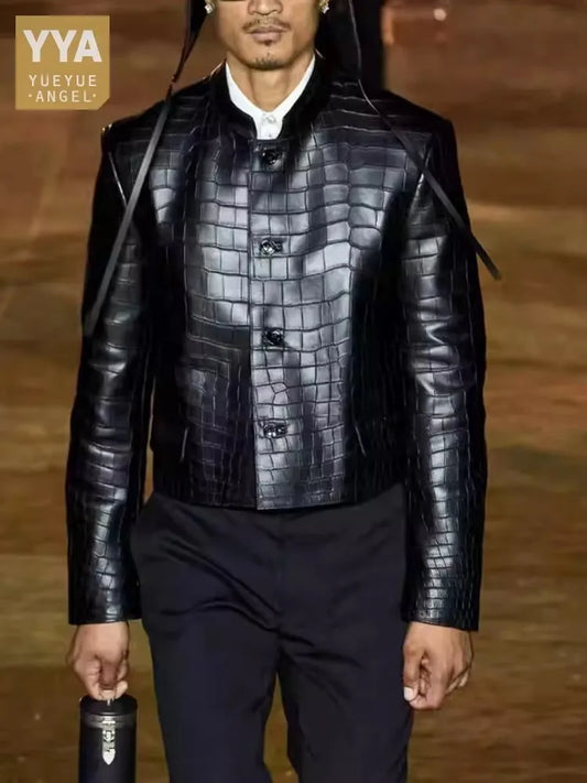 Male Genuine Leather Jackets New Chinese Zhong Shan Suit Slim Fit Handsome Casual Autumn Crocodile Print Natural Sheepskin Coat